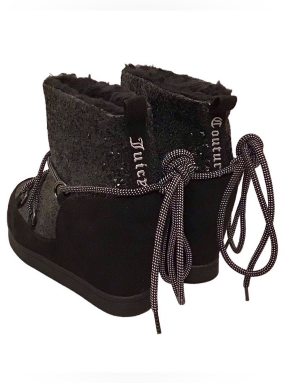 Juicy Couture 8.5 Women’s Glitter Suede Wedge Ankle Boots Black Faux Fur Lined